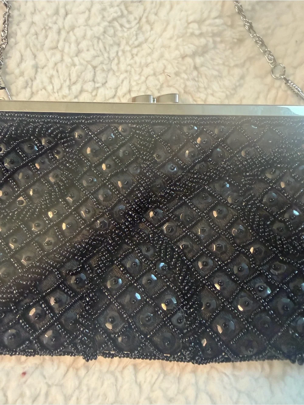Vintage Black Beaded Evening Clutch with Chain Strap